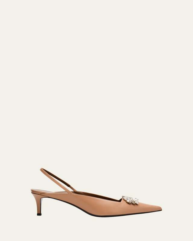 Leather Crystal Ornament Slingback Pumps